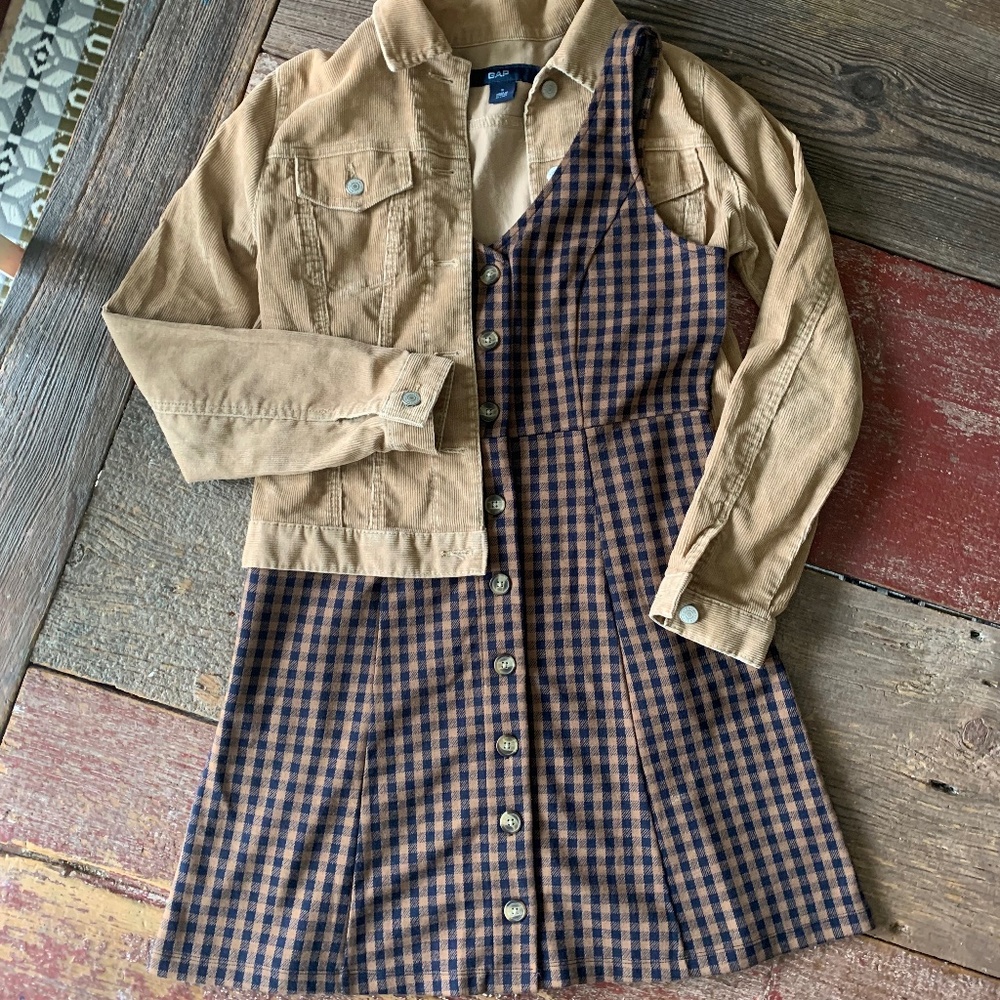 Perfect Fall Clothing Lot! Tan + Navy Gingham Dress / Corduroy Trucker Jacket